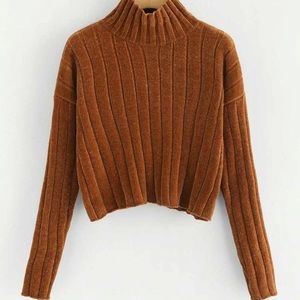 High Neck Raw Hem Crop Sweater